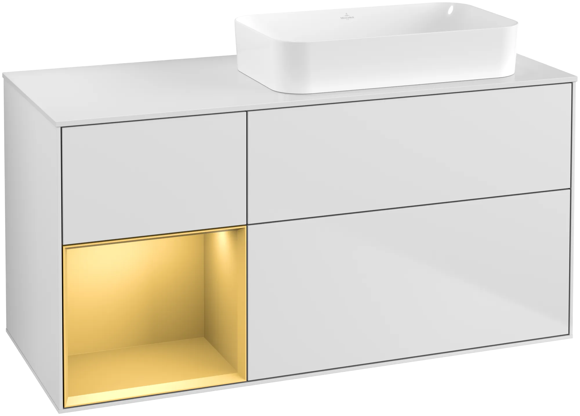 Picture of VILLEROY BOCH Finion Vanity unit, with lighting, 3 pull-out compartments, 1200 x 603 x 501 mm, White Matt Lacquer / Gold Matt Lacquer / Glass White Matt #G681HFMT
