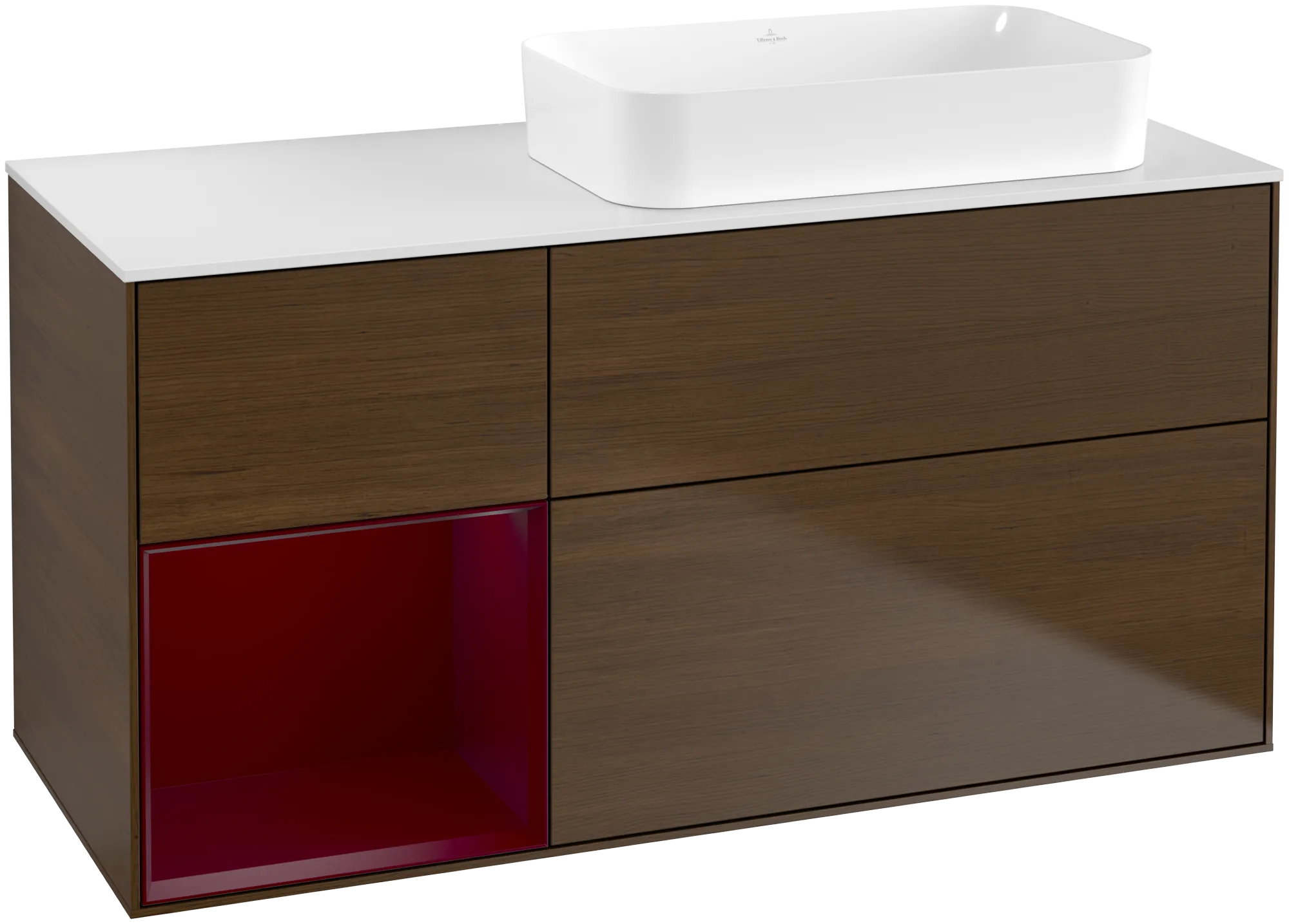 Bild von VILLEROY BOCH Finion Waschbeckenunterschrank, mit Beleuchtung, 3 Auszüge, 1200 x 603 x 501 mm, Walnut Veneer / Peony Matt Lacquer / Glass White Matt #G681HBGN