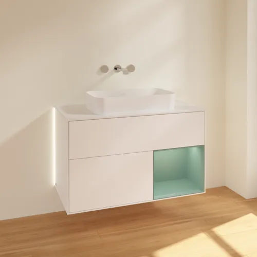 Bild von VILLEROY BOCH Finion Waschbeckenunterschrank, mit Beleuchtung, 2 Auszüge, 1000 x 603 x 501 mm, White Matt Lacquer / Olive Matt Lacquer / Glass White Matt #G661GMMT