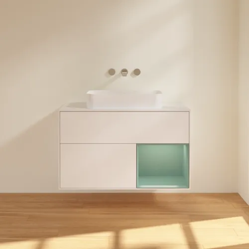 Bild von VILLEROY BOCH Finion Waschbeckenunterschrank, mit Beleuchtung, 2 Auszüge, 1000 x 603 x 501 mm, White Matt Lacquer / Olive Matt Lacquer / Glass White Matt #G661GMMT