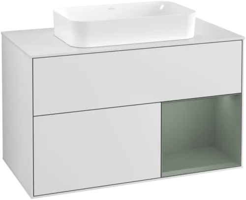 Bild von VILLEROY BOCH Finion Waschbeckenunterschrank, mit Beleuchtung, 2 Auszüge, 1000 x 603 x 501 mm, White Matt Lacquer / Olive Matt Lacquer / Glass White Matt #G661GMMT