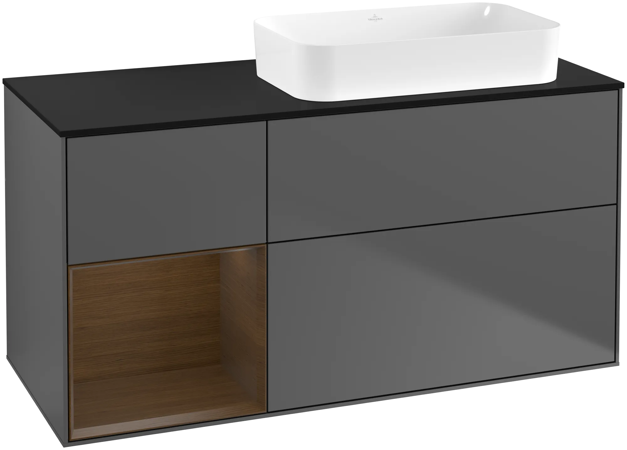 Bild von VILLEROY BOCH Finion Waschbeckenunterschrank, mit Beleuchtung, 3 Auszüge, 1200 x 603 x 501 mm, Anthracite Matt Lacquer / Walnut Veneer / Glass Black Matt #G682GNGK