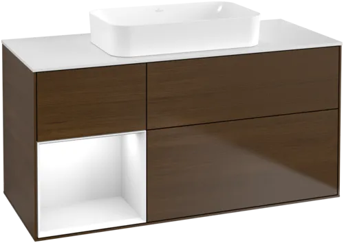 Bild von VILLEROY BOCH Finion Waschbeckenunterschrank, mit Beleuchtung, 3 Auszüge, 1200 x 603 x 501 mm, Walnut Veneer / Glossy White Lacquer / Glass White Matt #G701GFGN