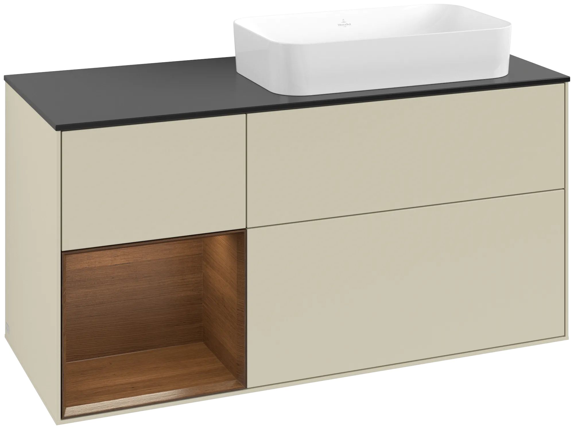 Bild von VILLEROY BOCH Finion Waschbeckenunterschrank, mit Beleuchtung, 3 Auszüge, 1200 x 603 x 501 mm, Silk Grey Matt Lacquer / Walnut Veneer / Glass Black Matt #G682GNHJ