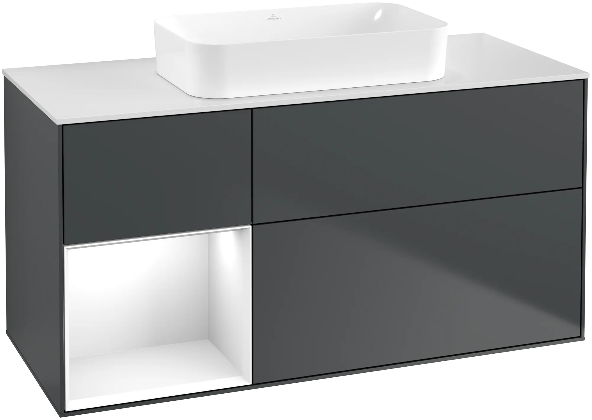 Bild von VILLEROY BOCH Finion Waschbeckenunterschrank, mit Beleuchtung, 3 Auszüge, 1200 x 603 x 501 mm, Midnight Blue Matt Lacquer / Glossy White Lacquer / Glass White Matt #G701GFHG