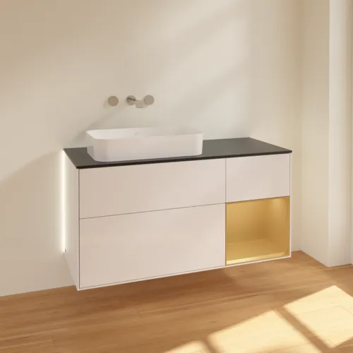Picture of VILLEROY BOCH Finion Vanity unit, with lighting, 3 pull-out compartments, 1200 x 603 x 501 mm, Glossy White Lacquer / Gold Matt Lacquer / Glass Black Matt #G692HFGF