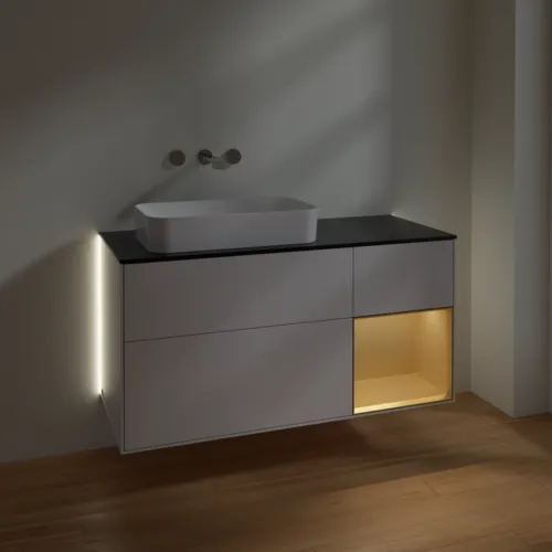 Picture of VILLEROY BOCH Finion Vanity unit, with lighting, 3 pull-out compartments, 1200 x 603 x 501 mm, Glossy White Lacquer / Gold Matt Lacquer / Glass Black Matt #G692HFGF