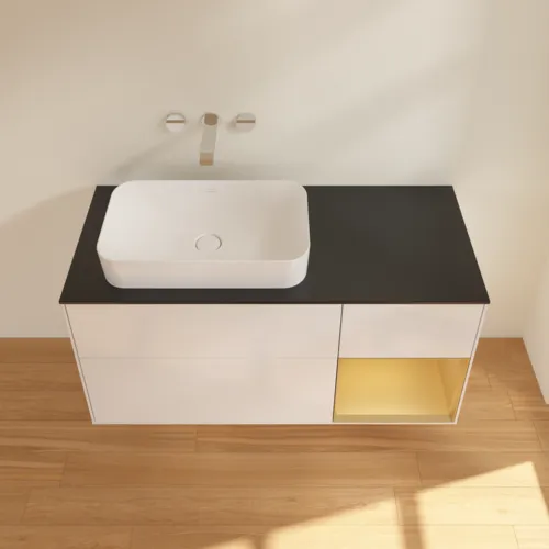 Picture of VILLEROY BOCH Finion Vanity unit, with lighting, 3 pull-out compartments, 1200 x 603 x 501 mm, Glossy White Lacquer / Gold Matt Lacquer / Glass Black Matt #G692HFGF