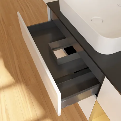 Picture of VILLEROY BOCH Finion Vanity unit, with lighting, 3 pull-out compartments, 1200 x 603 x 501 mm, Glossy White Lacquer / Gold Matt Lacquer / Glass Black Matt #G692HFGF