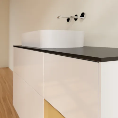 Picture of VILLEROY BOCH Finion Vanity unit, with lighting, 3 pull-out compartments, 1200 x 603 x 501 mm, Glossy White Lacquer / Gold Matt Lacquer / Glass Black Matt #G692HFGF