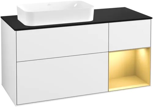 Obrázek VILLEROY BOCH Finion Vanity unit, with lighting, 3 pull-out compartments, 1200 x 603 x 501 mm, Glossy White Lacquer / Gold Matt Lacquer / Glass Black Matt #G692HFGF