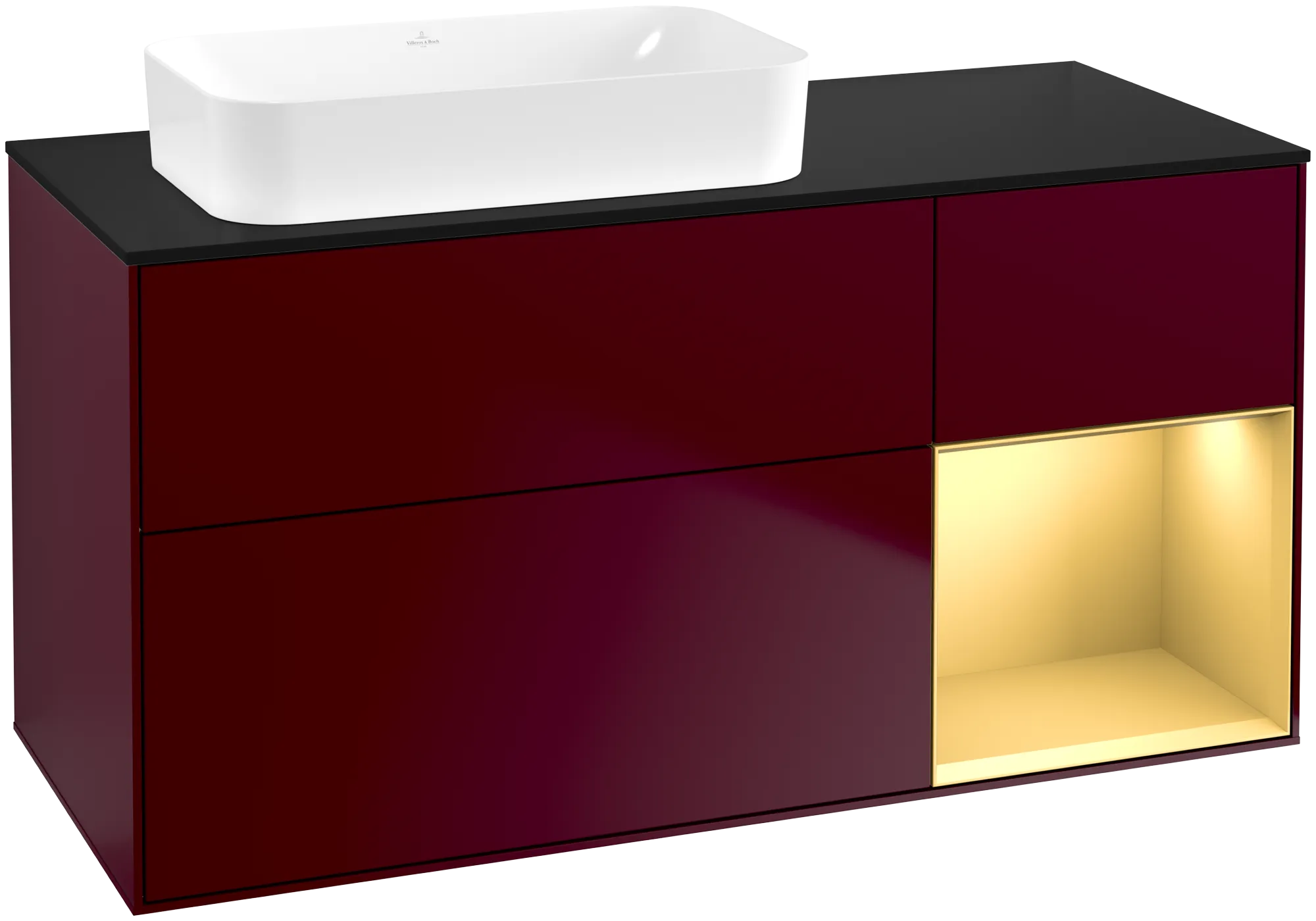 Bild von VILLEROY BOCH Finion Waschbeckenunterschrank, mit Beleuchtung, 3 Auszüge, 1200 x 603 x 501 mm, Peony Matt Lacquer / Gold Matt Lacquer / Glass Black Matt #G692HFHB
