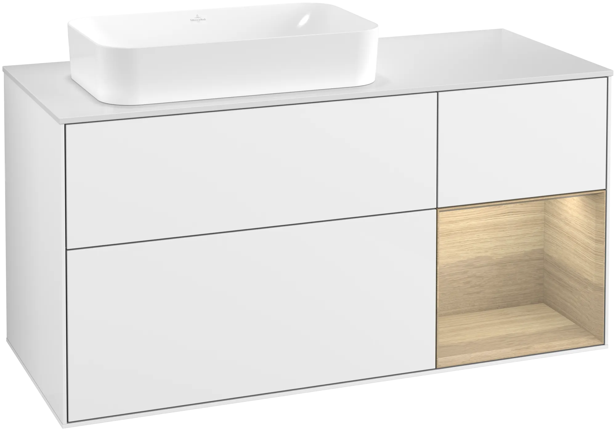 Bild von VILLEROY BOCH Finion Waschbeckenunterschrank, mit Beleuchtung, 3 Auszüge, 1200 x 603 x 501 mm, Glossy White Lacquer / Oak Veneer / Glass White Matt #G691PCGF