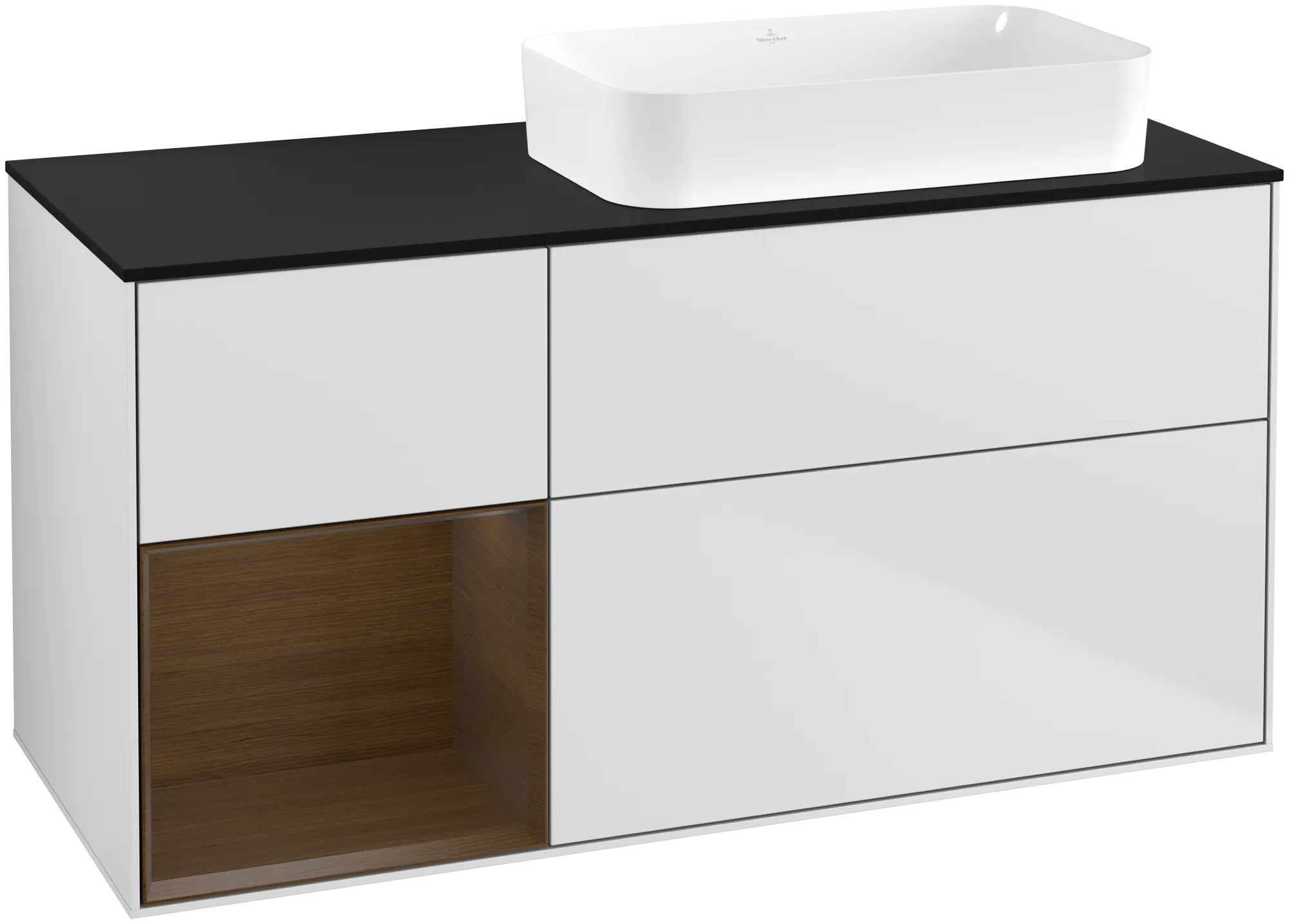 Bild von VILLEROY BOCH Finion Waschbeckenunterschrank, mit Beleuchtung, 3 Auszüge, 1200 x 603 x 501 mm, White Matt Lacquer / Walnut Veneer / Glass Black Matt #G682GNMT