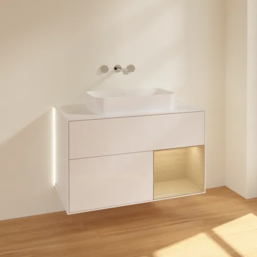 Picture of VILLEROY BOCH Finion Vanity unit, with lighting, 2 pull-out compartments, 1000 x 603 x 501 mm, Glossy White Lacquer / Oak Veneer / Glass White Matt #G661PCGF