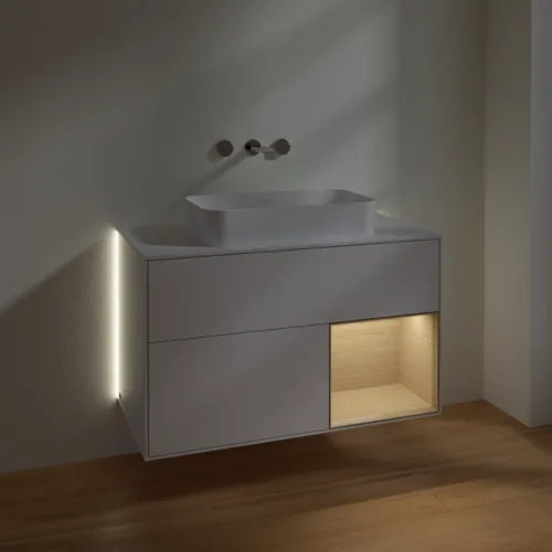 Picture of VILLEROY BOCH Finion Vanity unit, with lighting, 2 pull-out compartments, 1000 x 603 x 501 mm, Glossy White Lacquer / Oak Veneer / Glass White Matt #G661PCGF