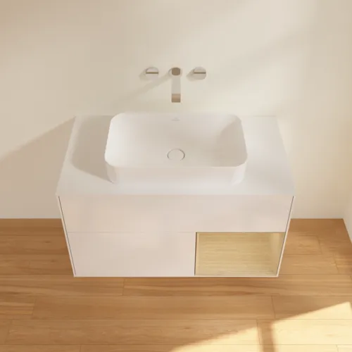 Picture of VILLEROY BOCH Finion Vanity unit, with lighting, 2 pull-out compartments, 1000 x 603 x 501 mm, Glossy White Lacquer / Oak Veneer / Glass White Matt #G661PCGF