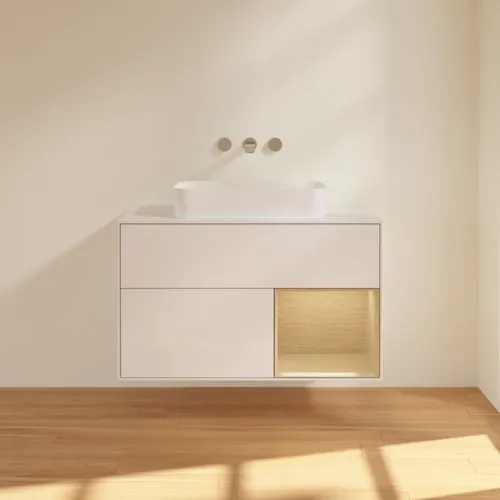 Picture of VILLEROY BOCH Finion Vanity unit, with lighting, 2 pull-out compartments, 1000 x 603 x 501 mm, Glossy White Lacquer / Oak Veneer / Glass White Matt #G661PCGF