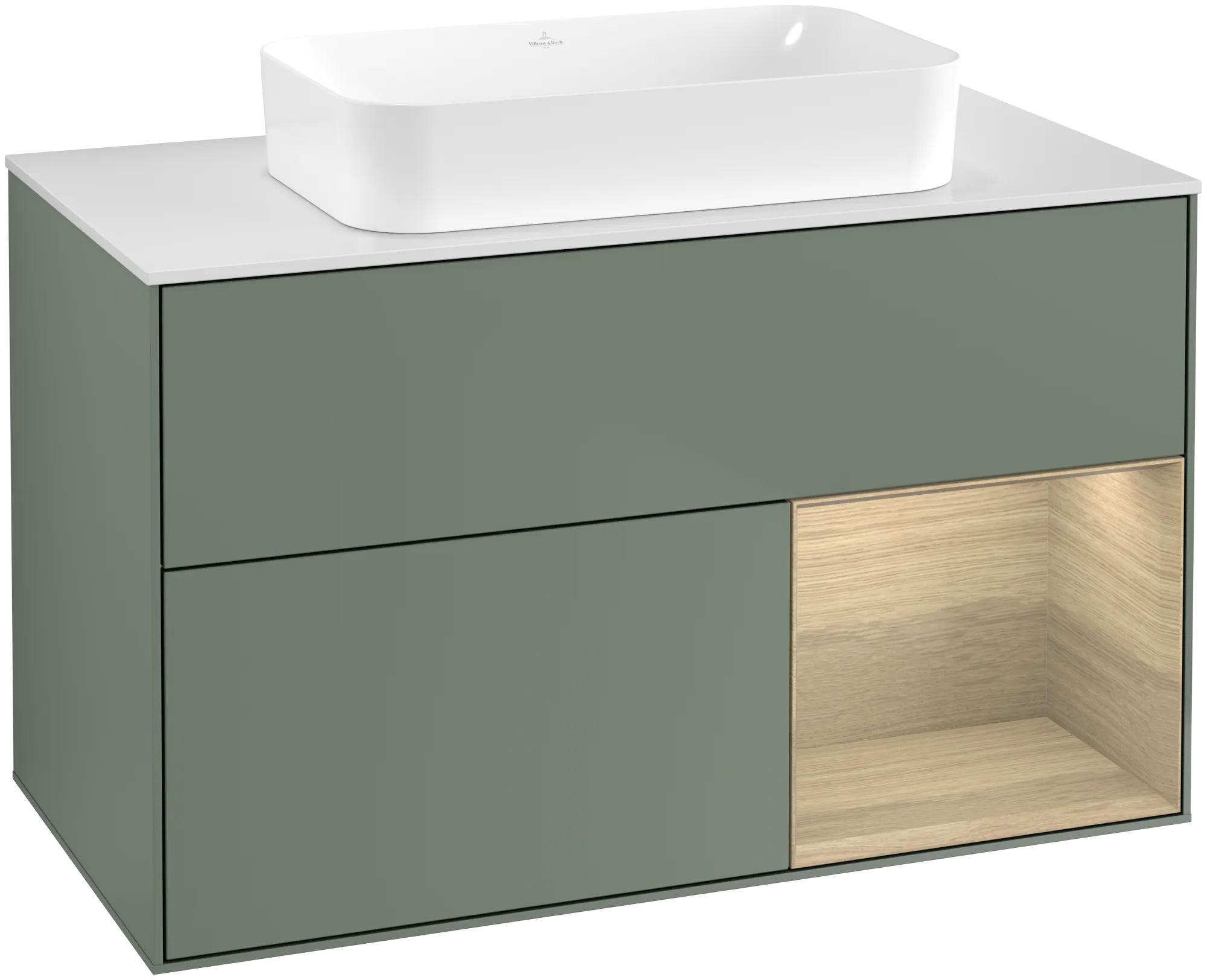 Bild von VILLEROY BOCH Finion Waschbeckenunterschrank, mit Beleuchtung, 2 Auszüge, 1000 x 603 x 501 mm, Olive Matt Lacquer / Oak Veneer / Glass White Matt #G661PCGM