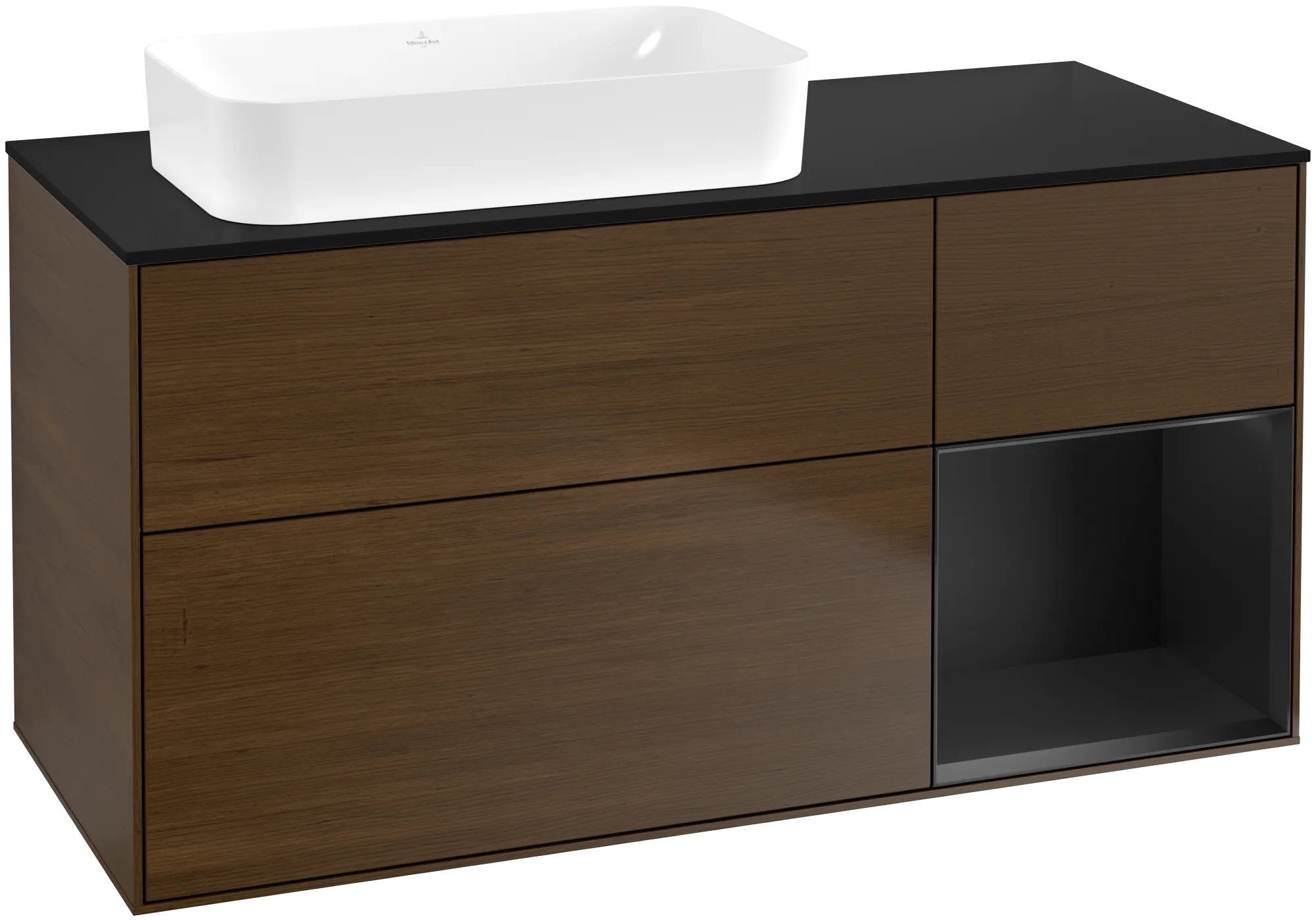 Bild von VILLEROY BOCH Finion Waschbeckenunterschrank, mit Beleuchtung, 3 Auszüge, 1200 x 603 x 501 mm, Walnut Veneer / Black Matt Lacquer / Glass Black Matt #G692PDGN