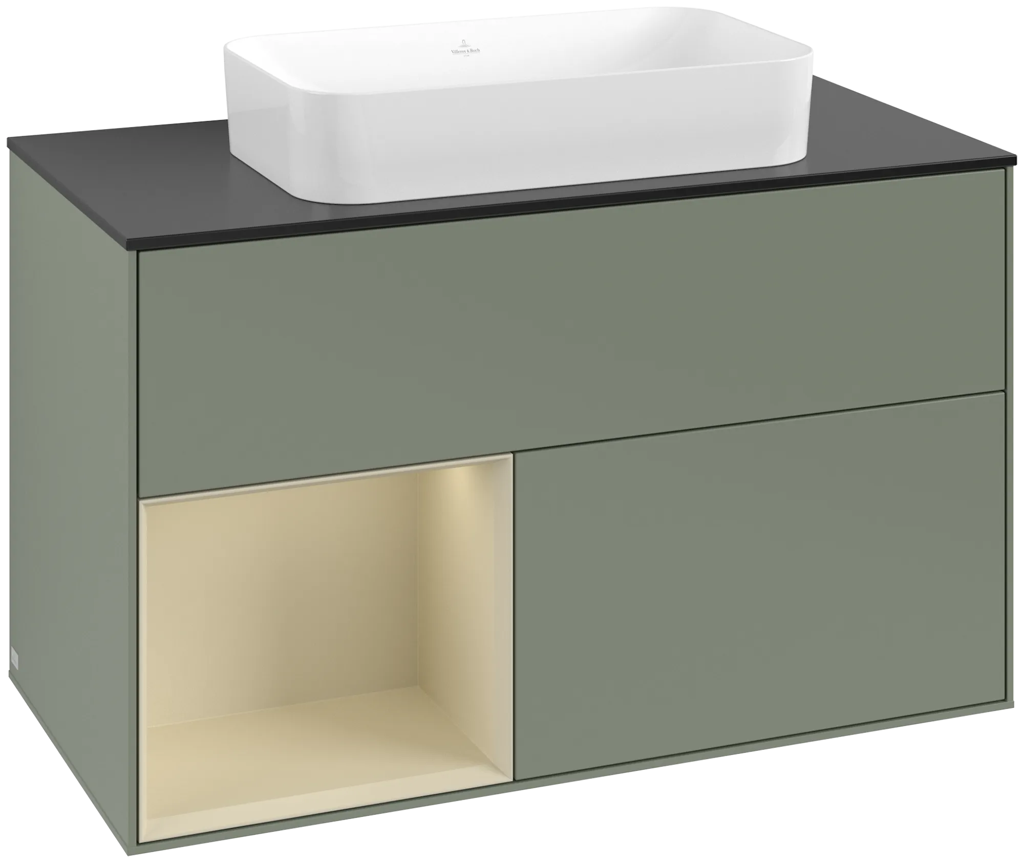 Bild von VILLEROY BOCH Finion Waschbeckenunterschrank, mit Beleuchtung, 2 Auszüge, 1000 x 603 x 501 mm, Olive Matt Lacquer / Silk Grey Matt Lacquer / Glass Black Matt #G652HJGM