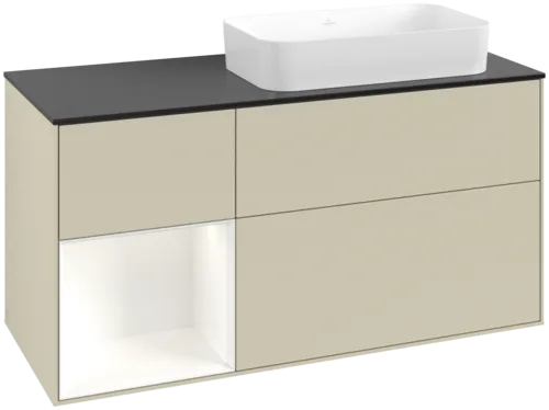 Bild von VILLEROY BOCH Finion Waschbeckenunterschrank, mit Beleuchtung, 3 Auszüge, 1200 x 603 x 501 mm, Silk Grey Matt Lacquer / White Matt Lacquer / Glass Black Matt #G682MTHJ
