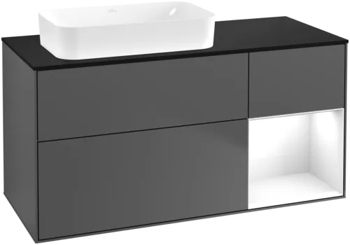 Bild von VILLEROY BOCH Finion Waschbeckenunterschrank, mit Beleuchtung, 3 Auszüge, 1200 x 603 x 501 mm, Anthracite Matt Lacquer / Glossy White Lacquer / Glass Black Matt #G692GFGK