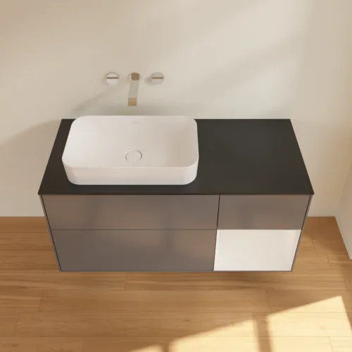 Bild von VILLEROY BOCH Finion Waschbeckenunterschrank, mit Beleuchtung, 3 Auszüge, 1200 x 603 x 501 mm, Anthracite Matt Lacquer / Glossy White Lacquer / Glass Black Matt #G692GFGK