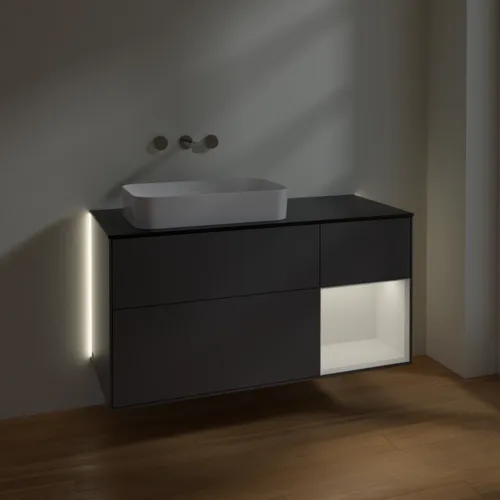 Bild von VILLEROY BOCH Finion Waschbeckenunterschrank, mit Beleuchtung, 3 Auszüge, 1200 x 603 x 501 mm, Anthracite Matt Lacquer / Glossy White Lacquer / Glass Black Matt #G692GFGK