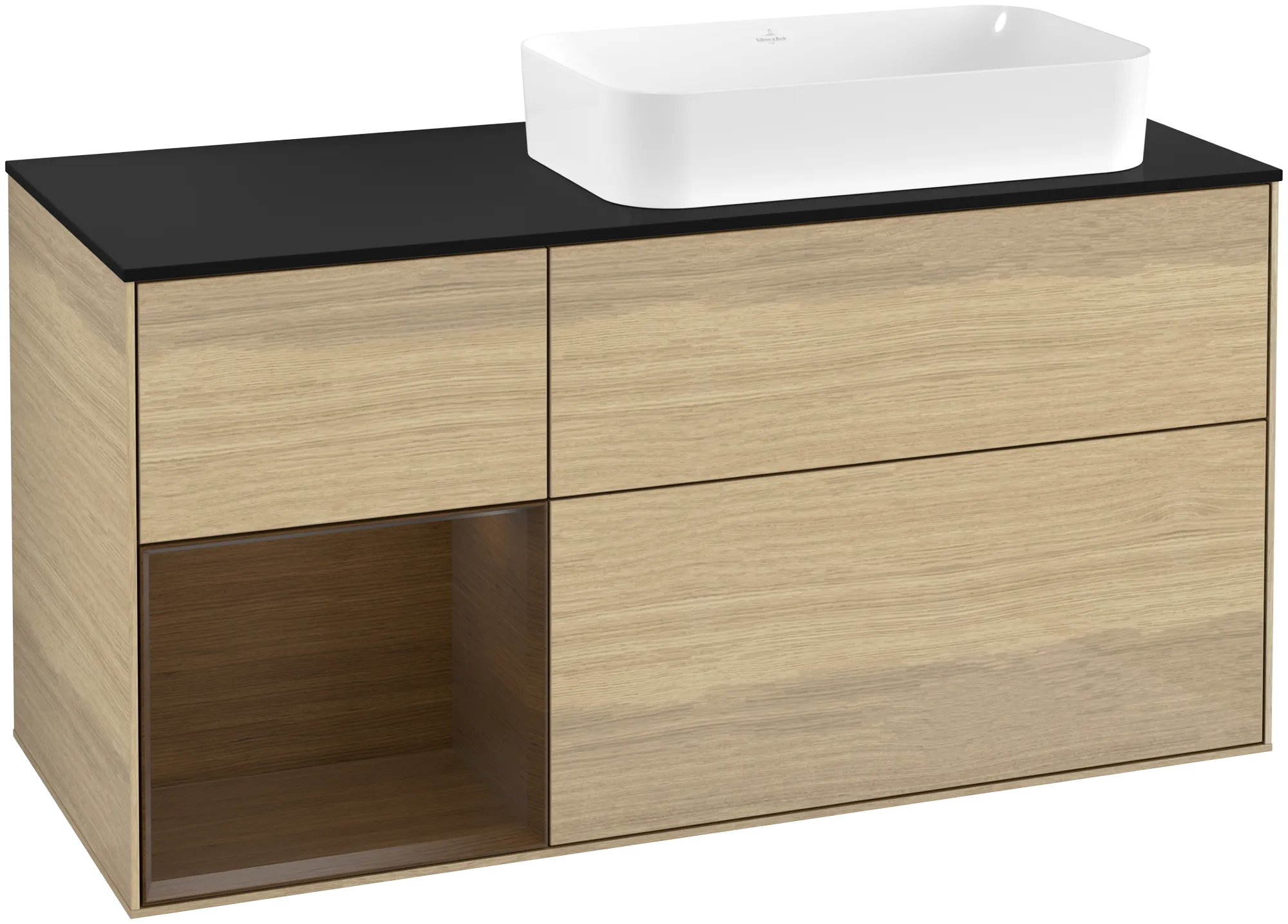 Bild von VILLEROY BOCH Finion Waschbeckenunterschrank, mit Beleuchtung, 3 Auszüge, 1200 x 603 x 501 mm, Oak Veneer / Walnut Veneer / Glass Black Matt #G682GNPC