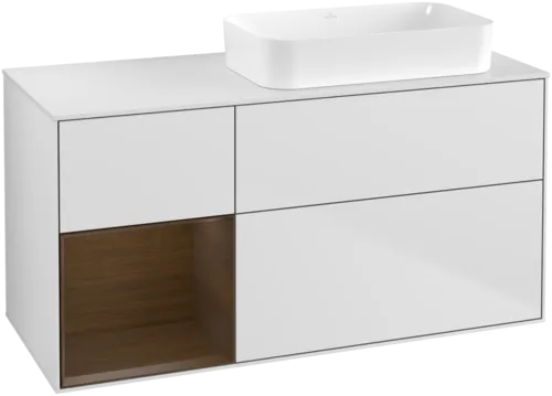 Bild von VILLEROY BOCH Finion Waschbeckenunterschrank, mit Beleuchtung, 3 Auszüge, 1200 x 603 x 501 mm, White Matt Lacquer / Walnut Veneer / Glass White Matt #G681GNMT