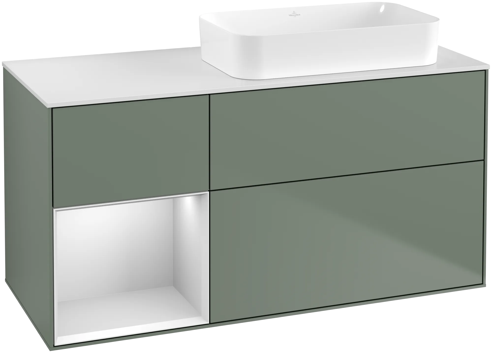 Bild von VILLEROY BOCH Finion Waschbeckenunterschrank, mit Beleuchtung, 3 Auszüge, 1200 x 603 x 501 mm, Olive Matt Lacquer / White Matt Lacquer / Glass White Matt #G681MTGM