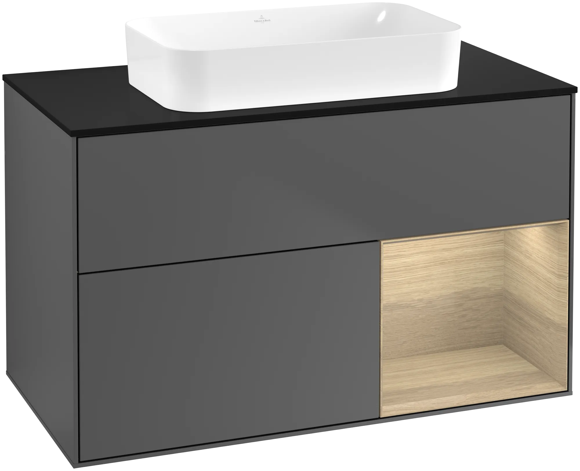 Bild von VILLEROY BOCH Finion Waschbeckenunterschrank, mit Beleuchtung, 2 Auszüge, 1000 x 603 x 501 mm, Anthracite Matt Lacquer / Oak Veneer / Glass Black Matt #G662PCGK