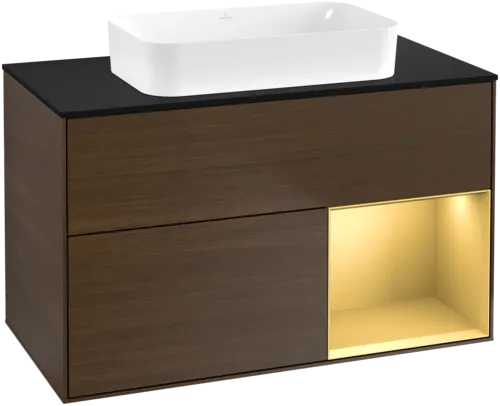 Bild von VILLEROY BOCH Finion Waschbeckenunterschrank, mit Beleuchtung, 2 Auszüge, 1000 x 603 x 501 mm, Walnut Veneer / Gold Matt Lacquer / Glass Black Matt #G662HFGN
