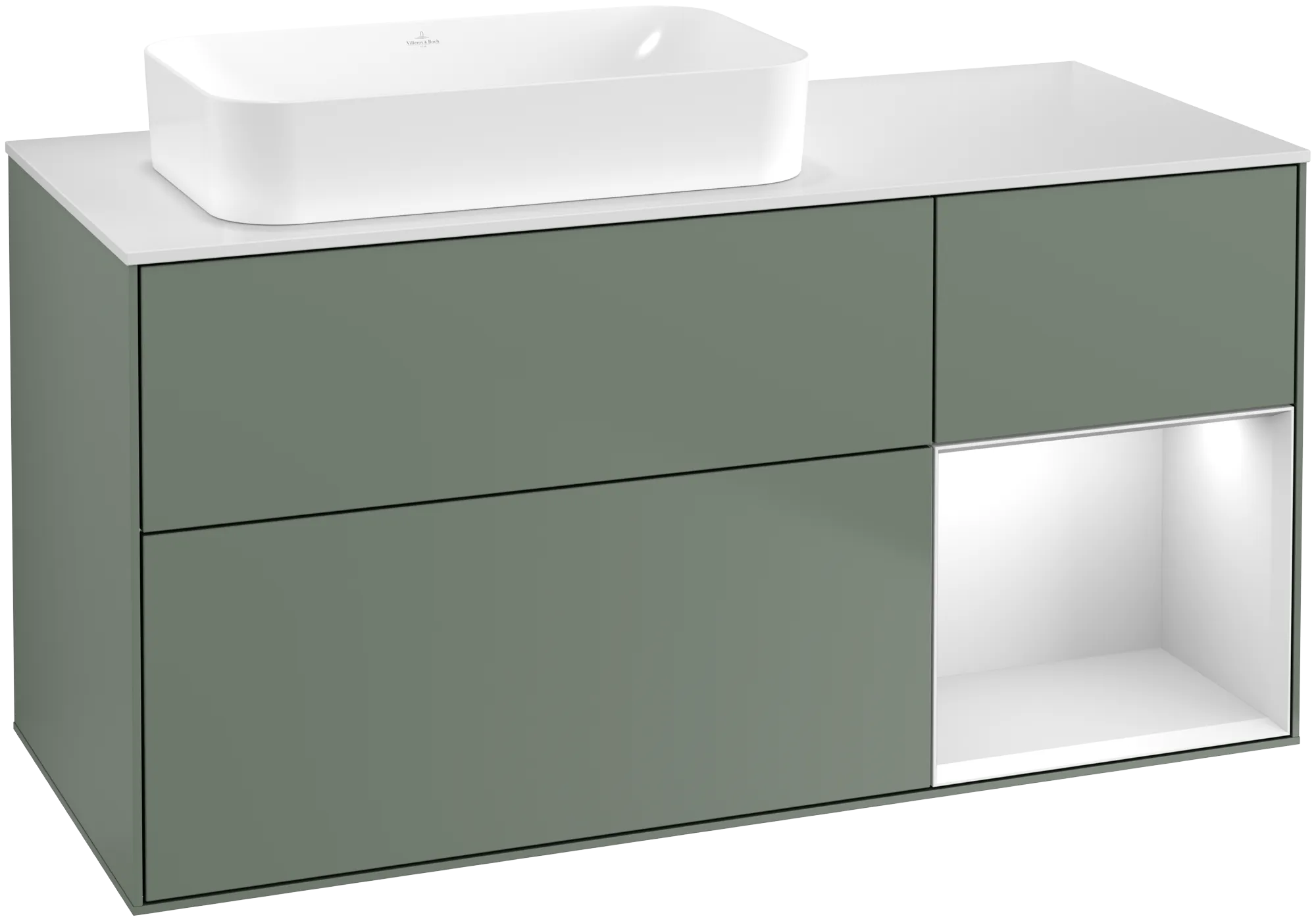 Bild von VILLEROY BOCH Finion Waschbeckenunterschrank, mit Beleuchtung, 3 Auszüge, 1200 x 603 x 501 mm, Olive Matt Lacquer / White Matt Lacquer / Glass White Matt #G691MTGM