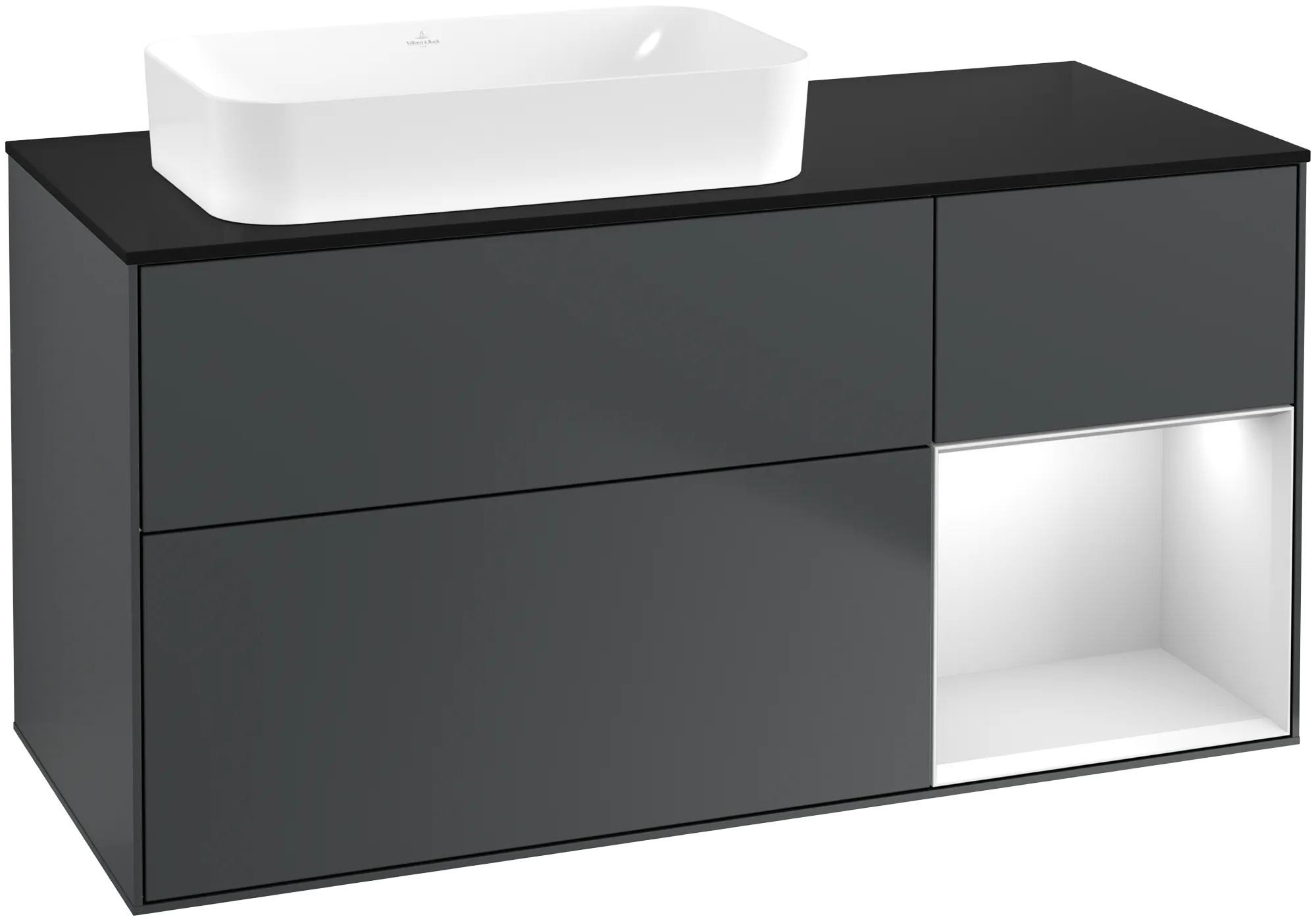 Bild von VILLEROY BOCH Finion Waschbeckenunterschrank, mit Beleuchtung, 3 Auszüge, 1200 x 603 x 501 mm, Midnight Blue Matt Lacquer / White Matt Lacquer / Glass Black Matt #G692MTHG