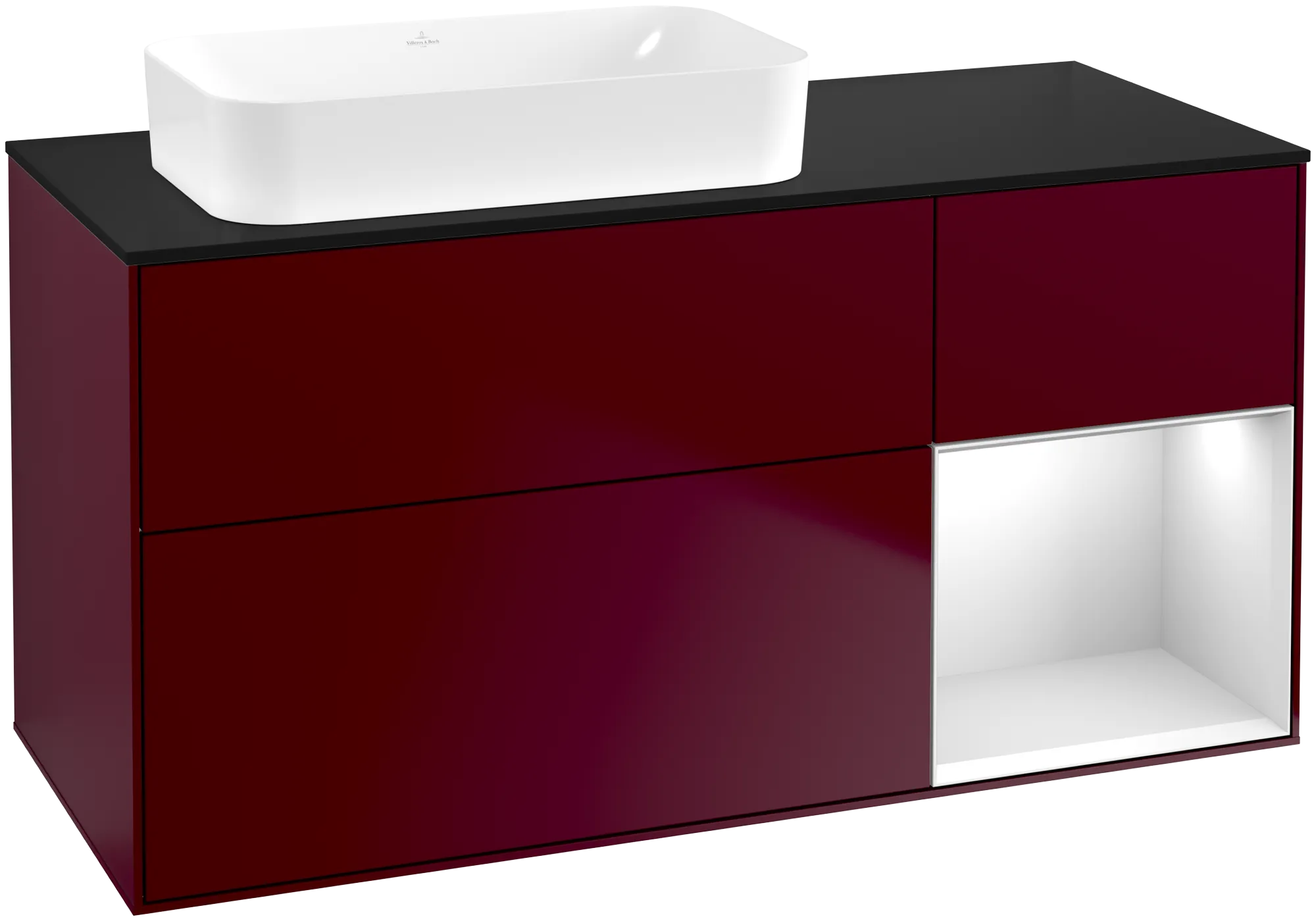 Bild von VILLEROY BOCH Finion Waschbeckenunterschrank, mit Beleuchtung, 3 Auszüge, 1200 x 603 x 501 mm, Peony Matt Lacquer / White Matt Lacquer / Glass Black Matt #G692MTHB