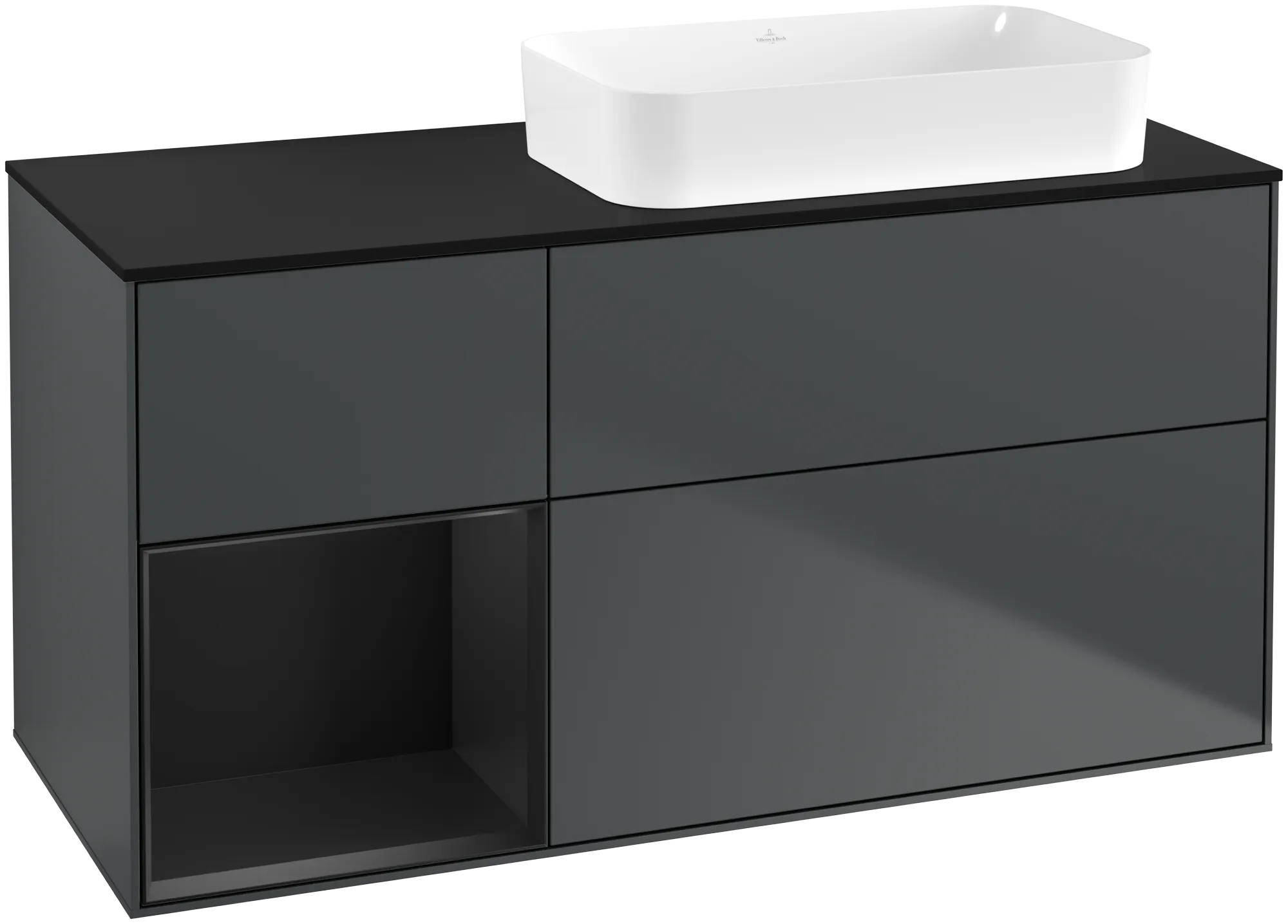 Bild von VILLEROY BOCH Finion Waschbeckenunterschrank, mit Beleuchtung, 3 Auszüge, 1200 x 603 x 501 mm, Midnight Blue Matt Lacquer / Black Matt Lacquer / Glass Black Matt #G682PDHG