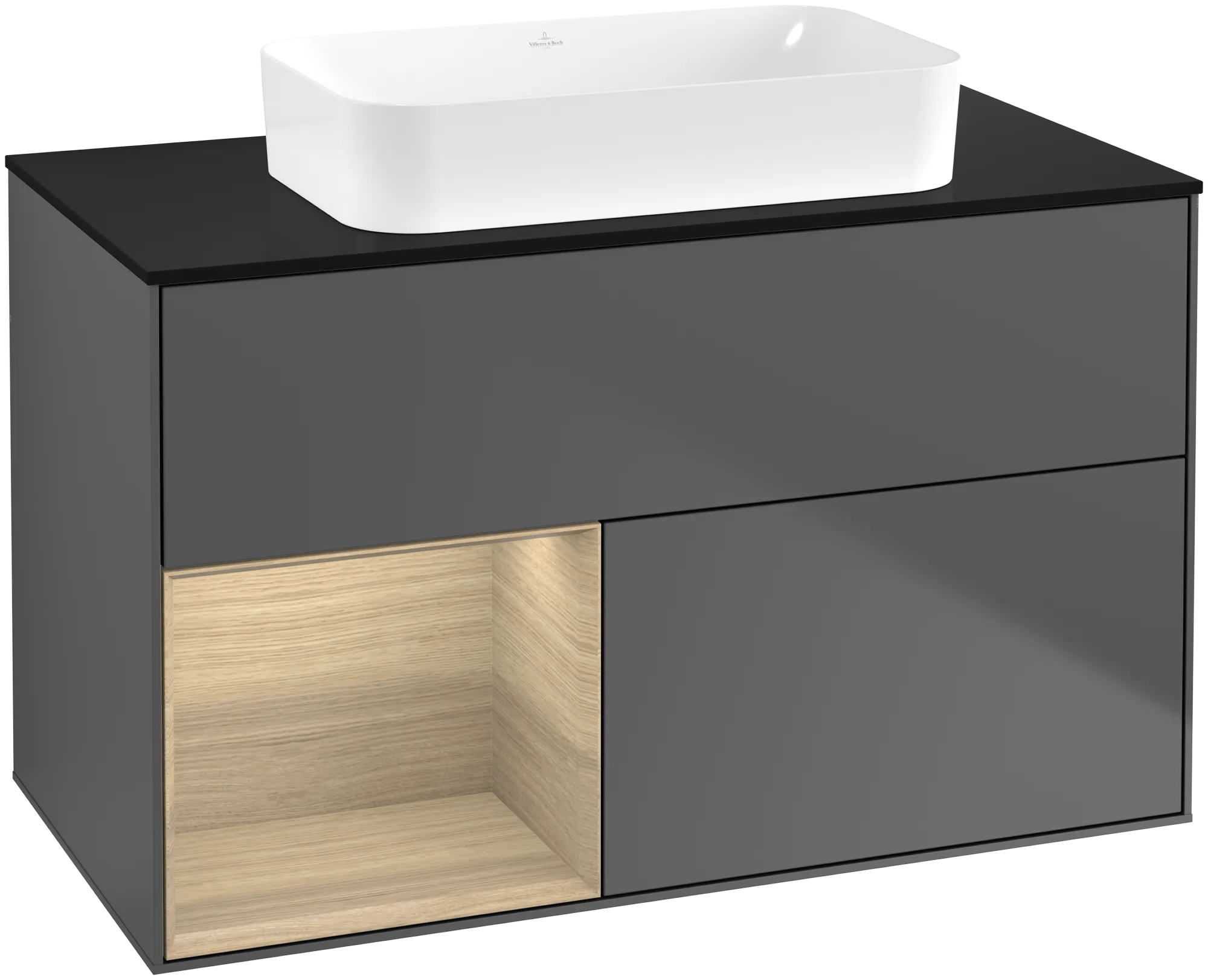 Bild von VILLEROY BOCH Finion Waschbeckenunterschrank, mit Beleuchtung, 2 Auszüge, 1000 x 603 x 501 mm, Anthracite Matt Lacquer / Oak Veneer / Glass Black Matt #G652PCGK