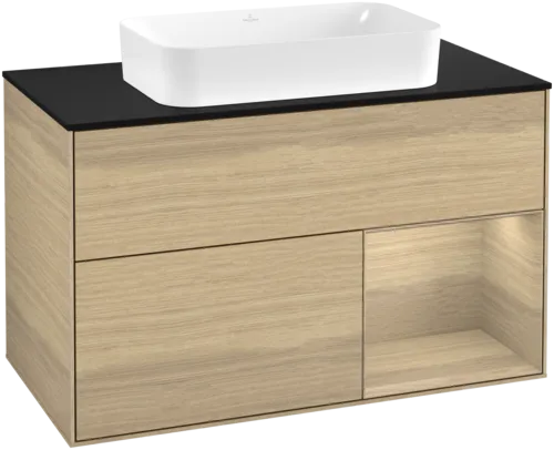 Bild von VILLEROY BOCH Finion Waschbeckenunterschrank, mit Beleuchtung, 2 Auszüge, 1000 x 603 x 501 mm, Oak Veneer / Oak Veneer / Glass Black Matt #G662PCPC