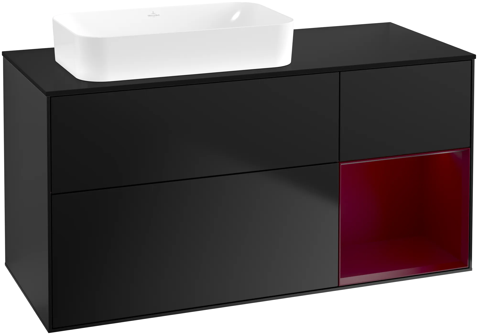 Bild von VILLEROY BOCH Finion Waschbeckenunterschrank, mit Beleuchtung, 3 Auszüge, 1200 x 603 x 501 mm, Black Matt Lacquer / Peony Matt Lacquer / Glass Black Matt #G692HBPD