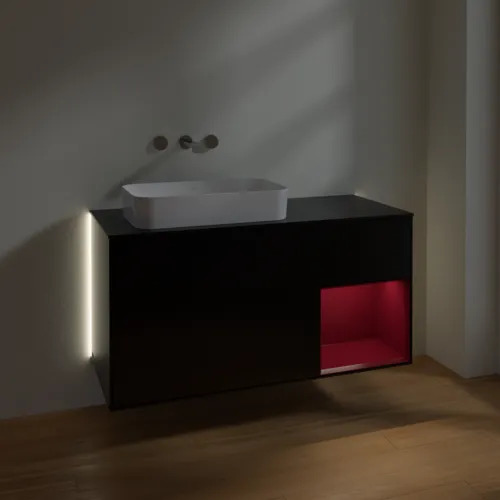 Obrázek VILLEROY BOCH Finion Vanity unit, with lighting, 3 pull-out compartments, 1200 x 603 x 501 mm, Black Matt Lacquer / Peony Matt Lacquer / Glass Black Matt #G692HBPD