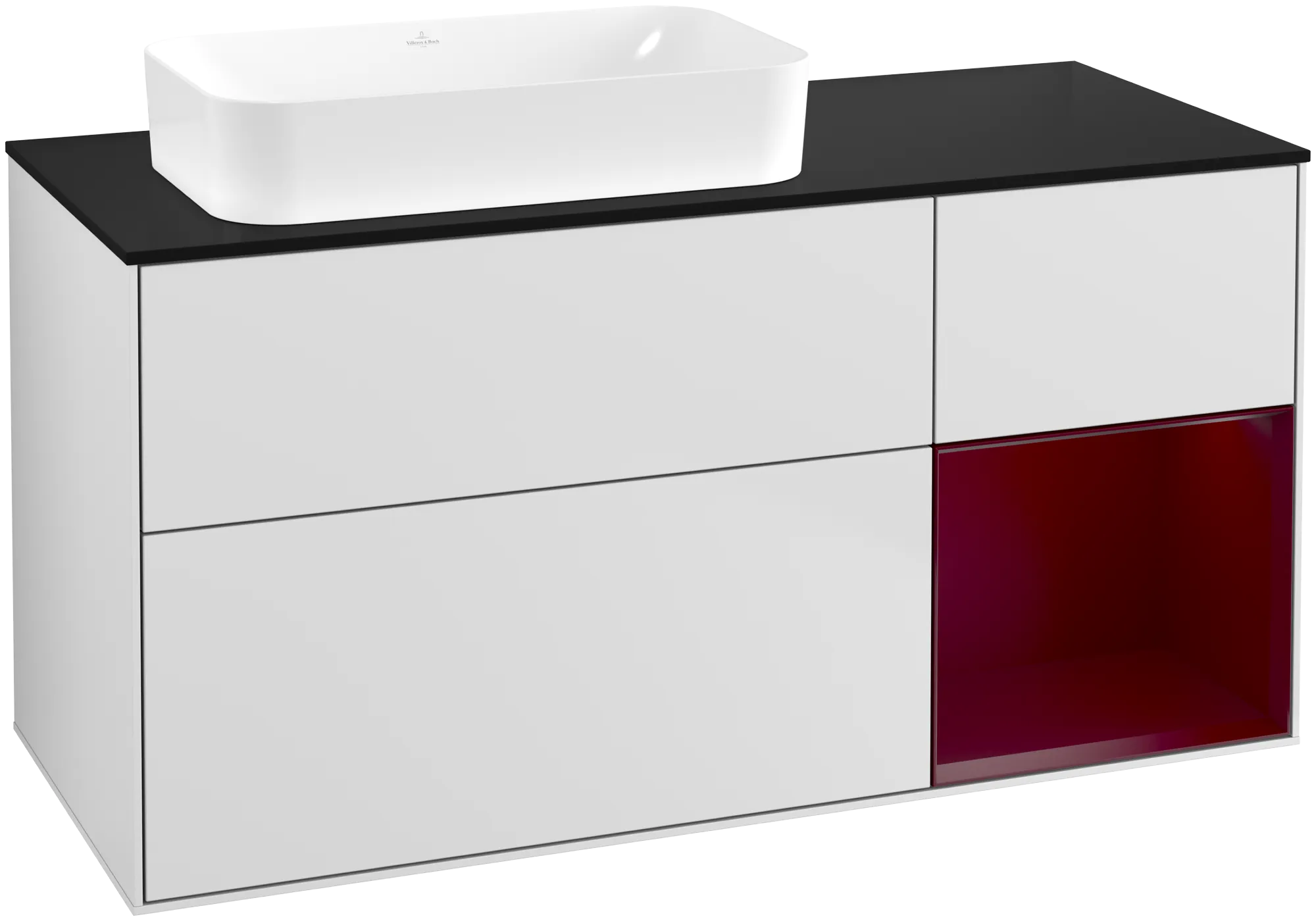 Bild von VILLEROY BOCH Finion Waschbeckenunterschrank, mit Beleuchtung, 3 Auszüge, 1200 x 603 x 501 mm, White Matt Lacquer / Peony Matt Lacquer / Glass Black Matt #G692HBMT