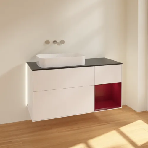 Bild von VILLEROY BOCH Finion Waschbeckenunterschrank, mit Beleuchtung, 3 Auszüge, 1200 x 603 x 501 mm, White Matt Lacquer / Peony Matt Lacquer / Glass Black Matt #G692HBMT