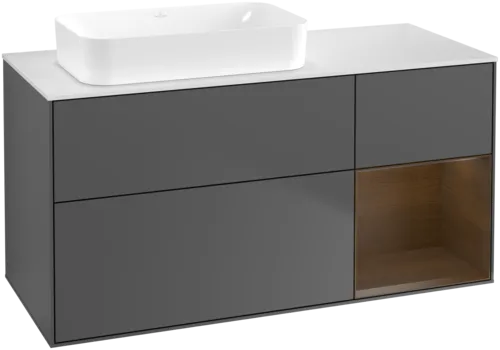 Bild von VILLEROY BOCH Finion Waschbeckenunterschrank, mit Beleuchtung, 3 Auszüge, 1200 x 603 x 501 mm, Anthracite Matt Lacquer / Walnut Veneer / Glass White Matt #G691GNGK
