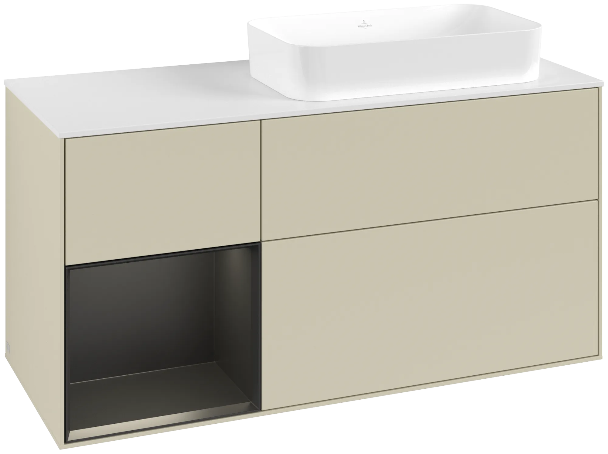 Bild von VILLEROY BOCH Finion Waschbeckenunterschrank, mit Beleuchtung, 3 Auszüge, 1200 x 603 x 501 mm, Silk Grey Matt Lacquer / Black Matt Lacquer / Glass White Matt #G681PDHJ