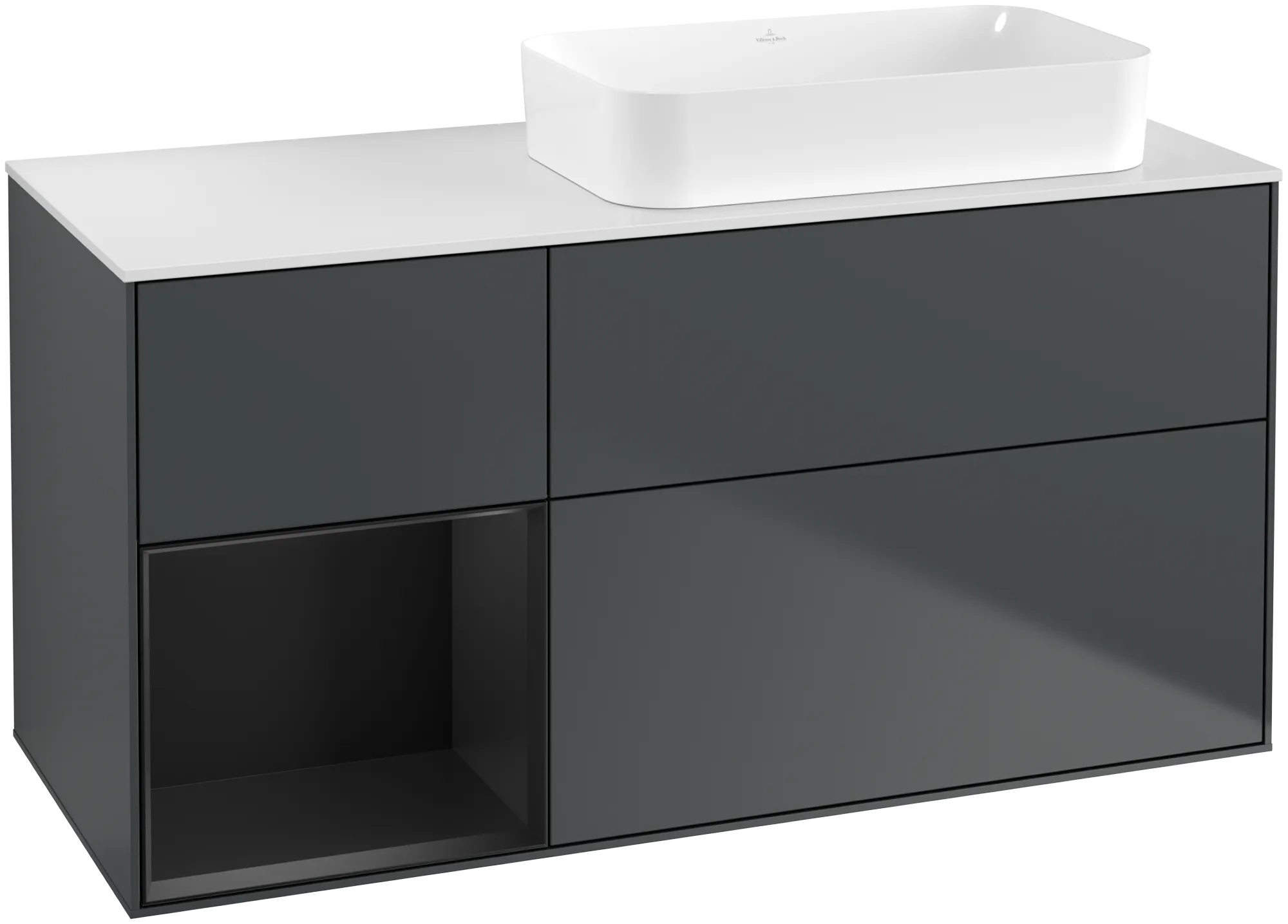 Bild von VILLEROY BOCH Finion Waschbeckenunterschrank, mit Beleuchtung, 3 Auszüge, 1200 x 603 x 501 mm, Midnight Blue Matt Lacquer / Black Matt Lacquer / Glass White Matt #G681PDHG