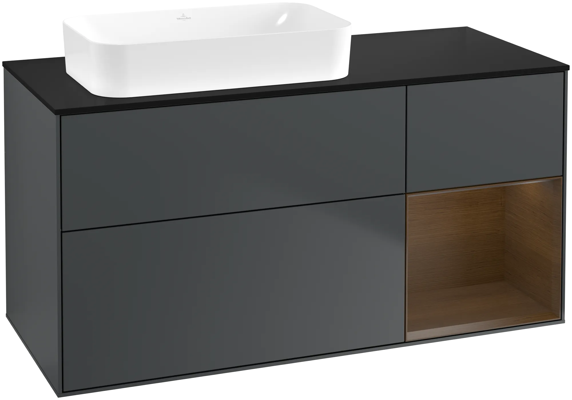 Bild von VILLEROY BOCH Finion Waschbeckenunterschrank, mit Beleuchtung, 3 Auszüge, 1200 x 603 x 501 mm, Midnight Blue Matt Lacquer / Walnut Veneer / Glass Black Matt #G692GNHG