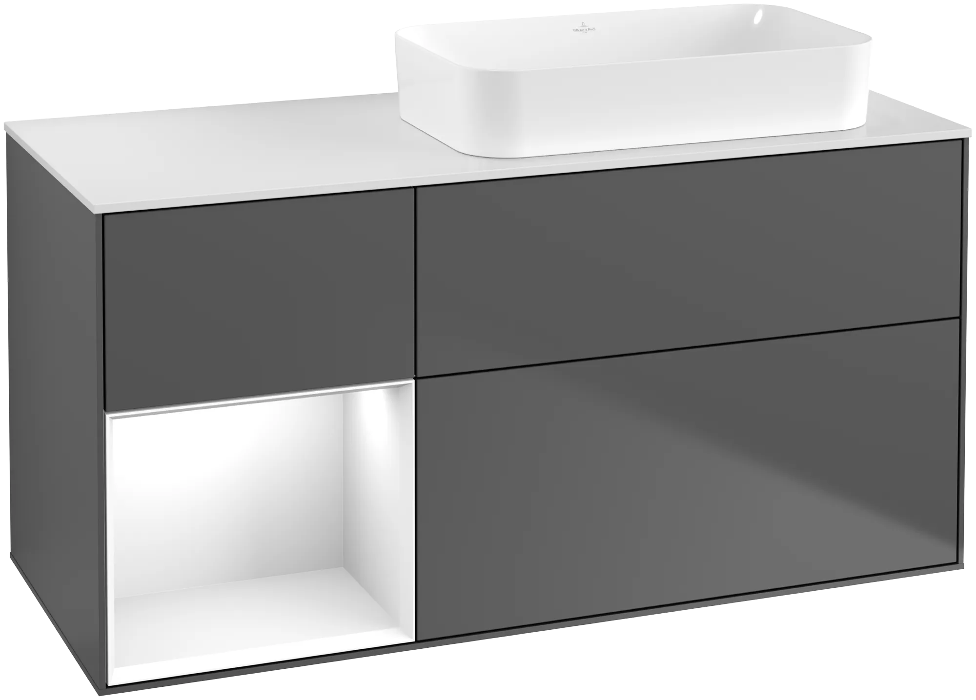 Bild von VILLEROY BOCH Finion Waschbeckenunterschrank, mit Beleuchtung, 3 Auszüge, 1200 x 603 x 501 mm, Anthracite Matt Lacquer / Glossy White Lacquer / Glass White Matt #G681GFGK