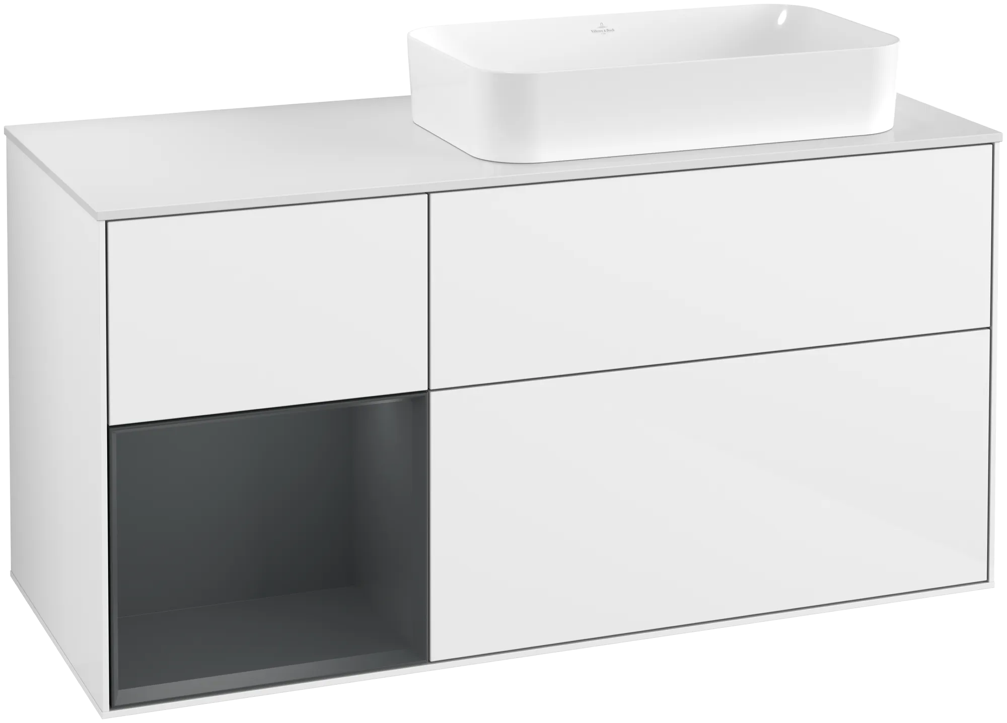 Bild von VILLEROY BOCH Finion Waschbeckenunterschrank, mit Beleuchtung, 3 Auszüge, 1200 x 603 x 501 mm, Glossy White Lacquer / Midnight Blue Matt Lacquer / Glass White Matt #G681HGGF